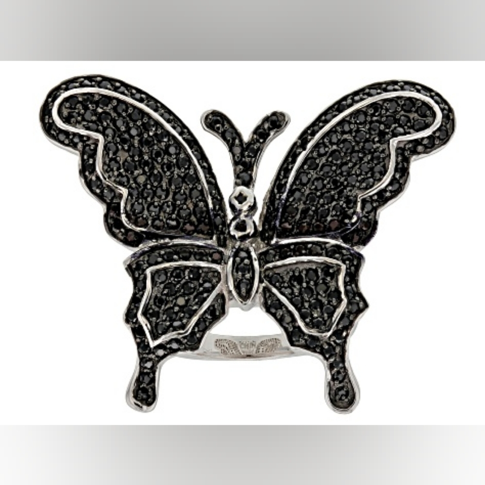 NWT JTV Butterfly Black Spinel Rhodium Over Sterling Silver 3.50ctw Ring Size 7